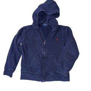 Polo Ralph Lauren Boys Navy Blue Full Zip Hoodie Red Pony Logo Size 7